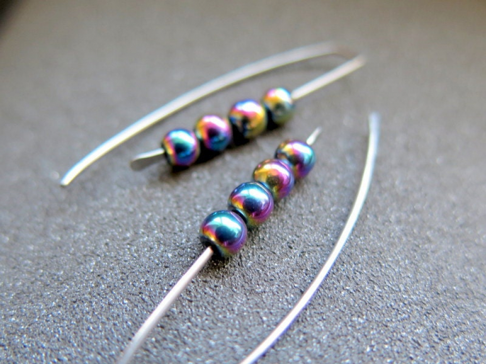 rainbow hematite earrings in hypoallergenic niobium. Canadian seller.