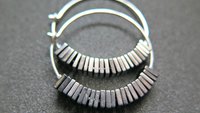sterling silver hoop earrings. hematite jewelry. square stones.
