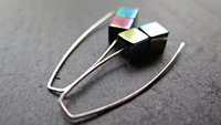 rainbow hematite earrings in sterling silver. modern cube earrings.1 1/2” drop earrings. splurge jewelry.