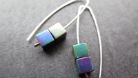 rainbow hematite earrings in sterling silver. modern cube earrings.1 1/2” drop earrings. splurge jewelry.