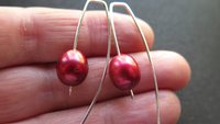 red pearl earrings in sterling silver. modern freshwater pearl jewelry. 1 1/2” drop earrings. made in Calgary, Canada