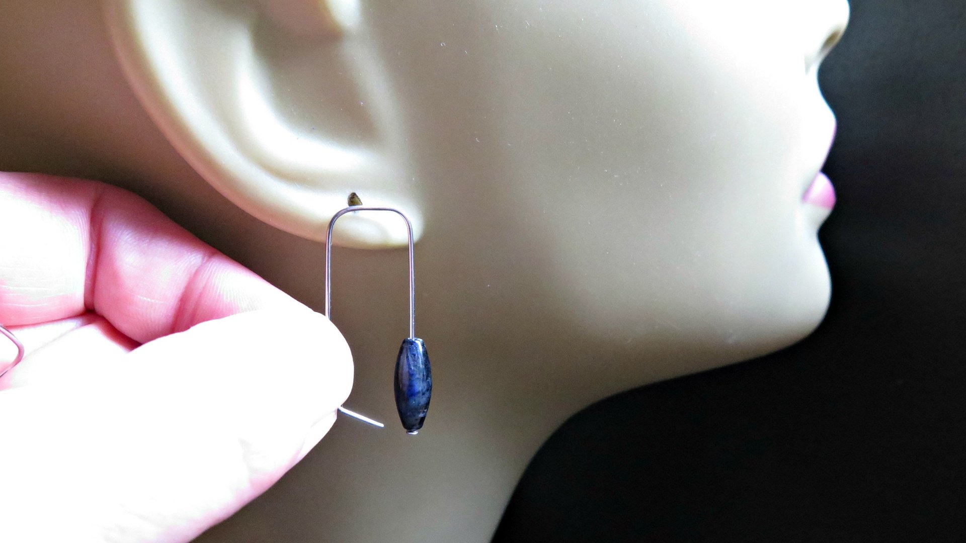 blue sodalite earrings. hypoallergenic stainless steel jewelry for sensitive ears. navy blue and black stones.