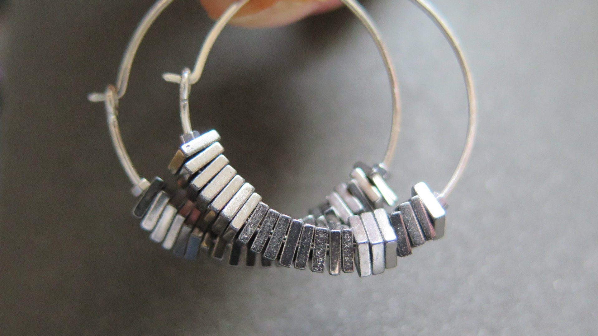 sterling silver hoop earrings. hematite jewelry.