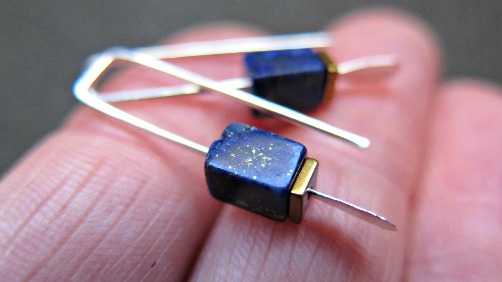 small lapis lazuli earrings. navy blue and gold hematite jewelry. rectangle earrings. made in Calgary