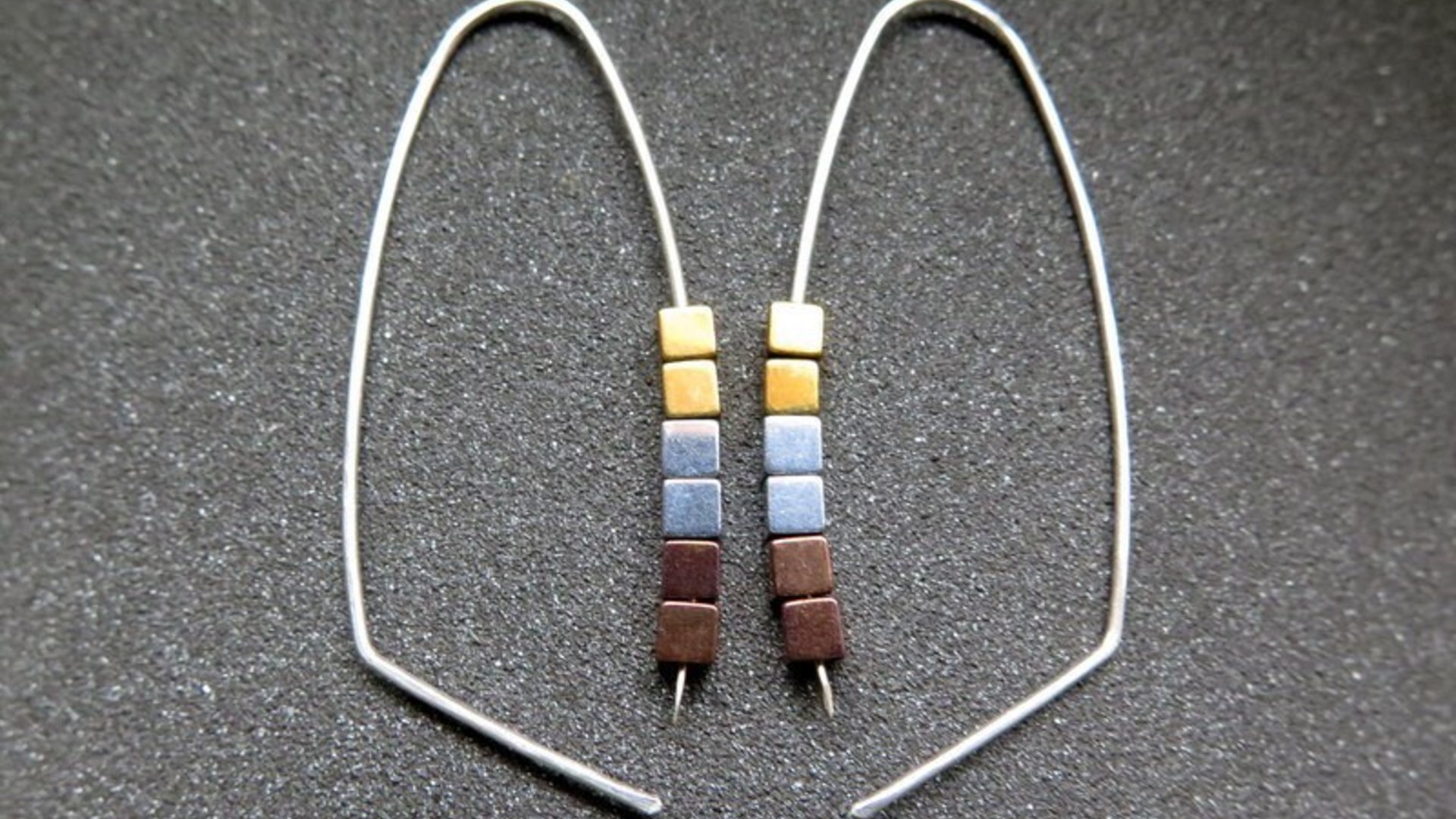 gold, silver and copper earrings. modern cube hematite hoops. metallic jewelry.