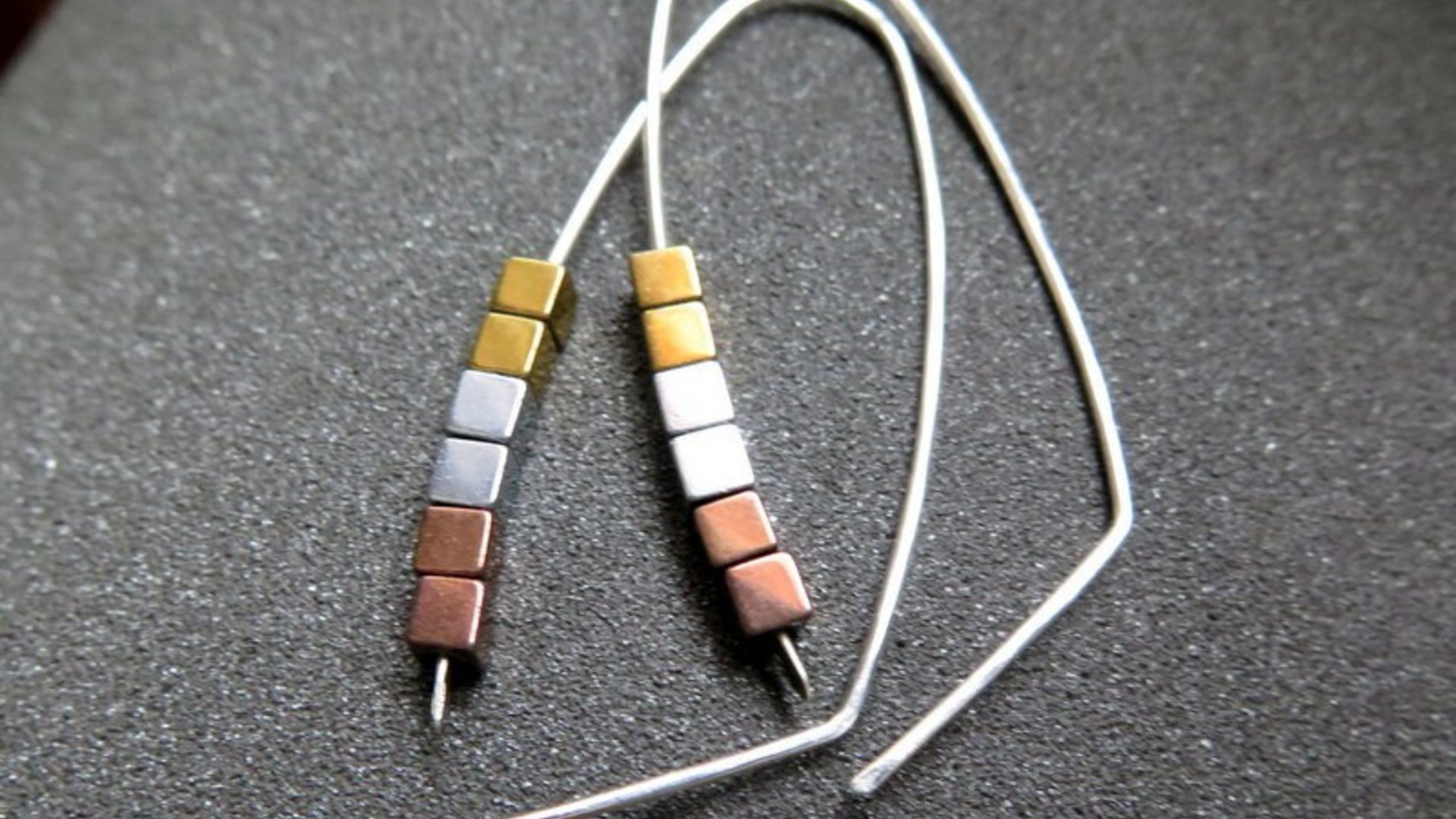 gold, silver and copper earrings. modern cube hematite hoops. metallic jewelry.