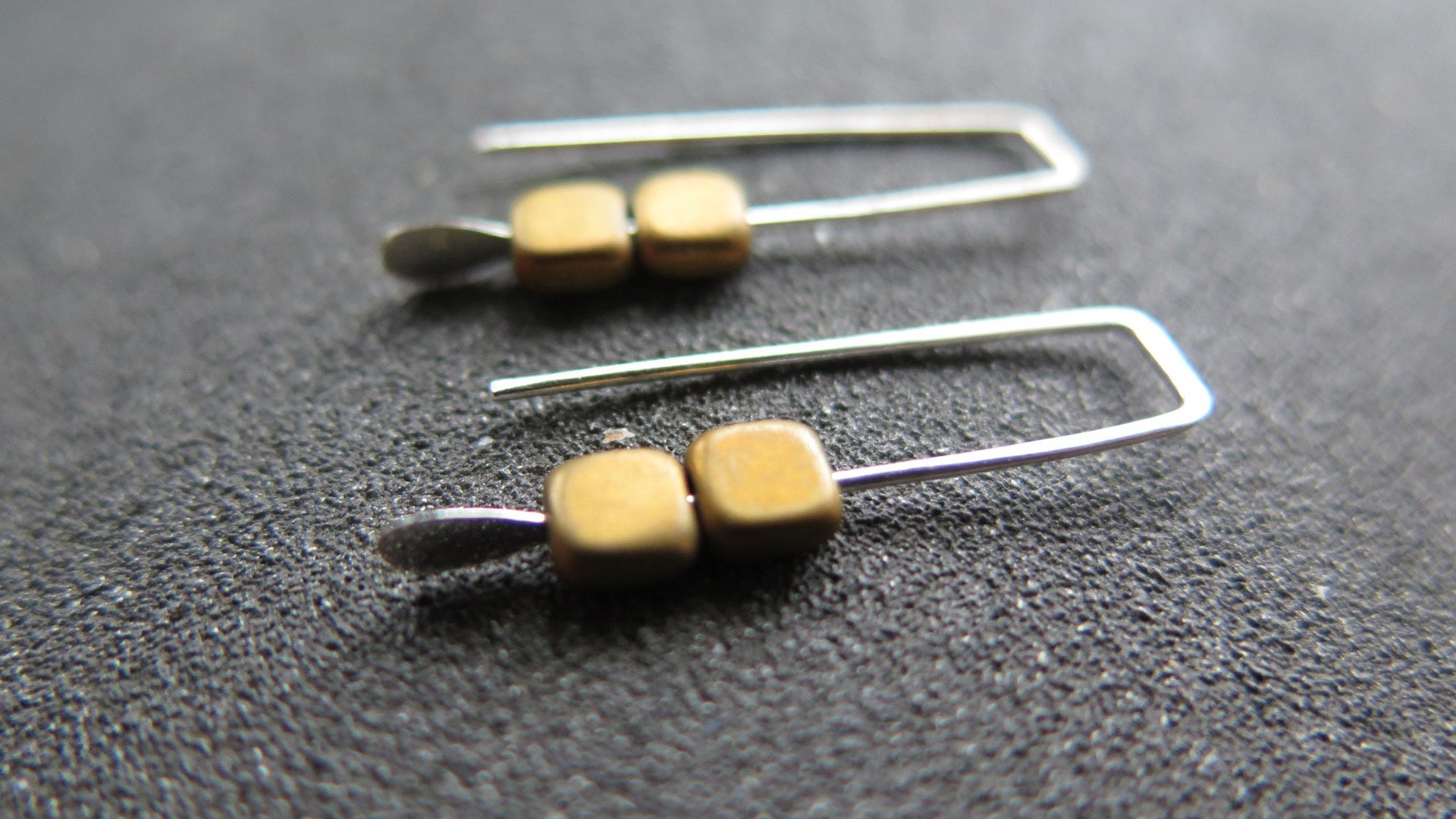 small matte gold earrings. square hematite jewelry. geometric jewellery. 1 inch earrings.