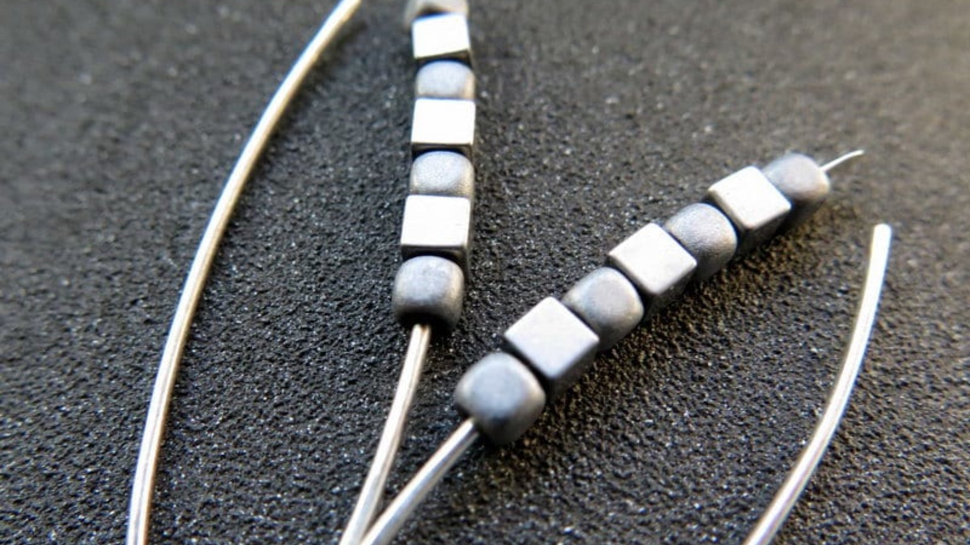 modern silver earrings. hematite jewellery. Canadian seller.