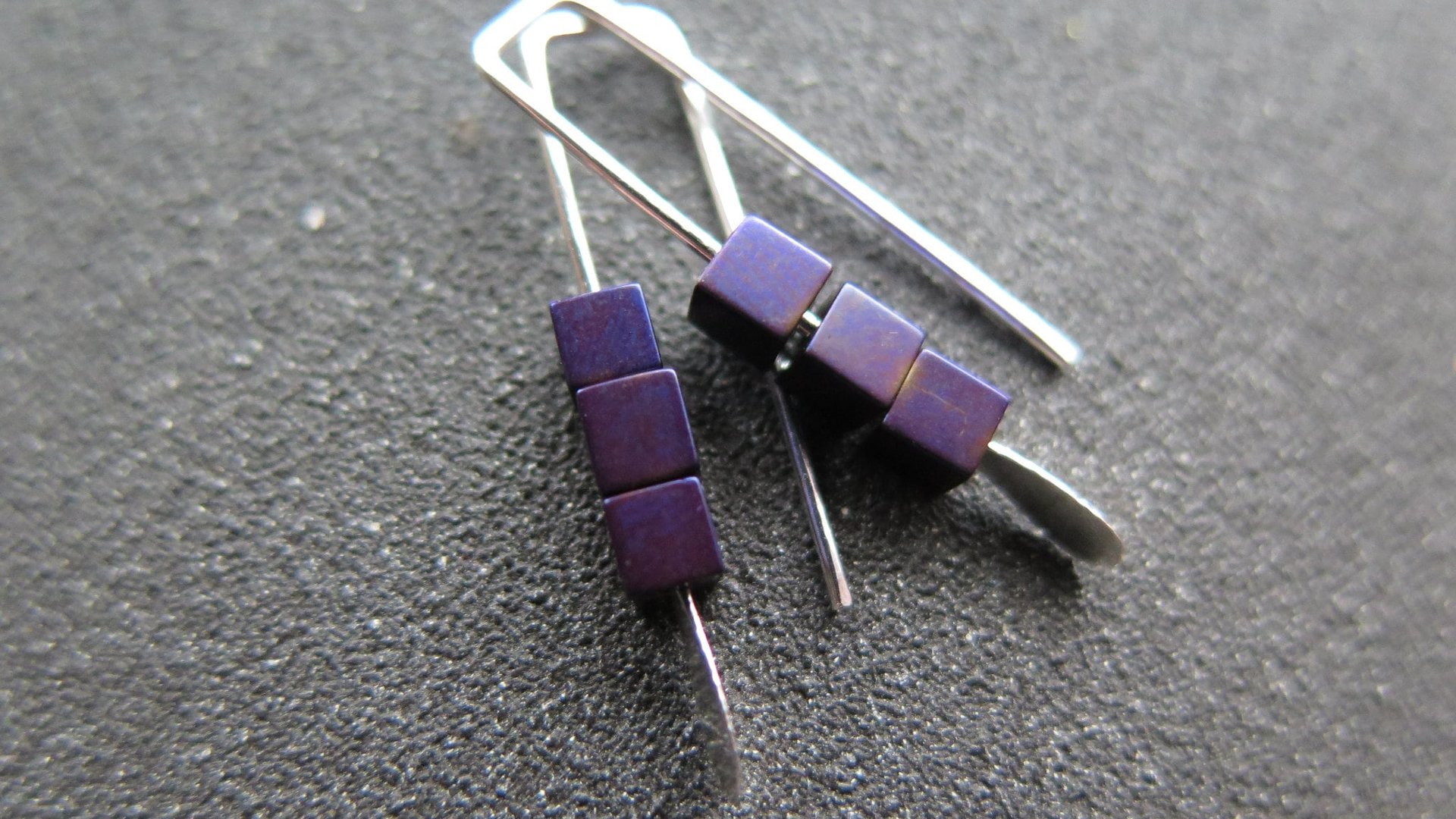 small purple earrings. hematite cube jewelry. Canadian seller. 1 inch earrings.