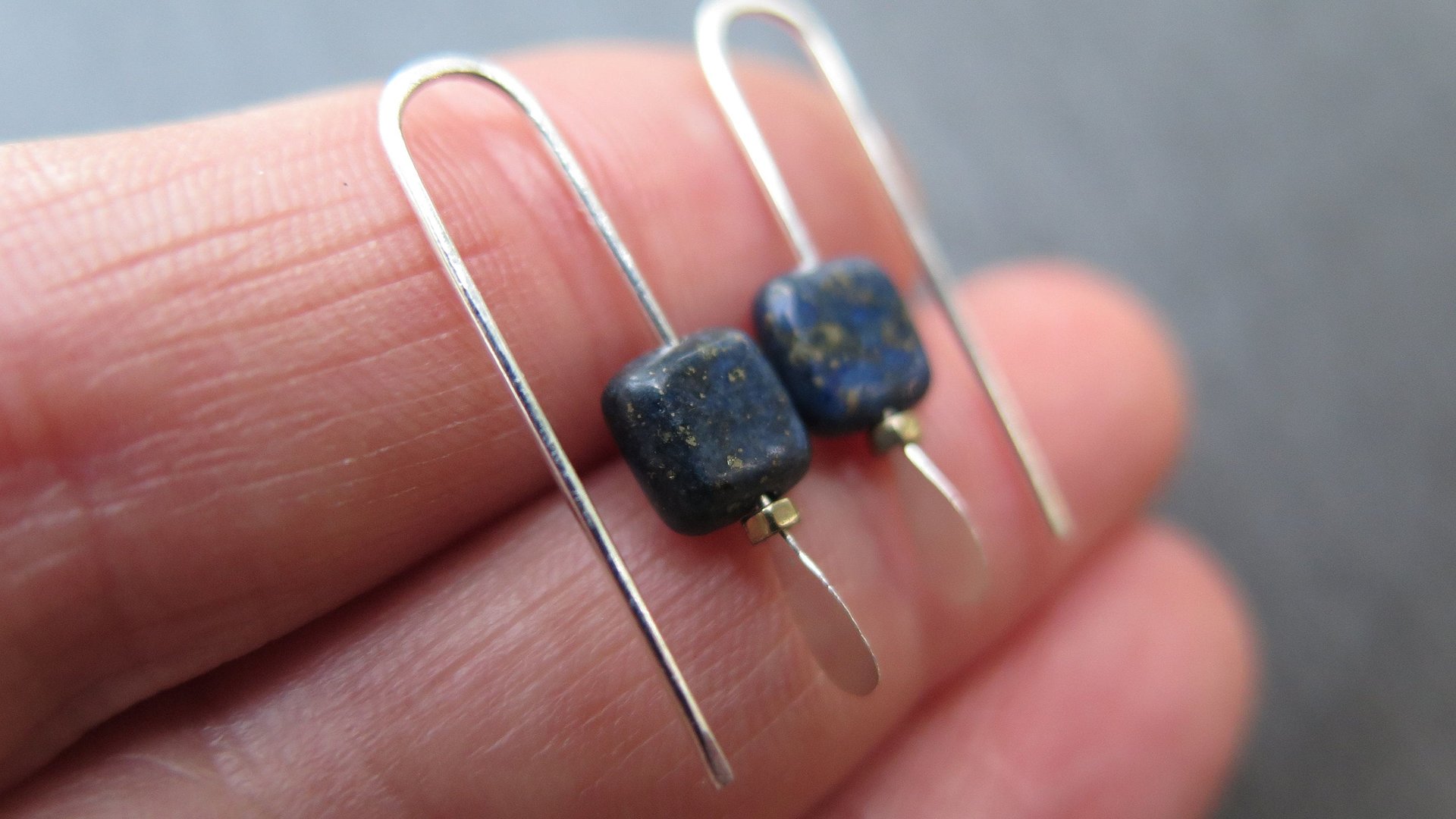 small navy blue sodalite earrings. square stone jewelry. Canadian jewelry.