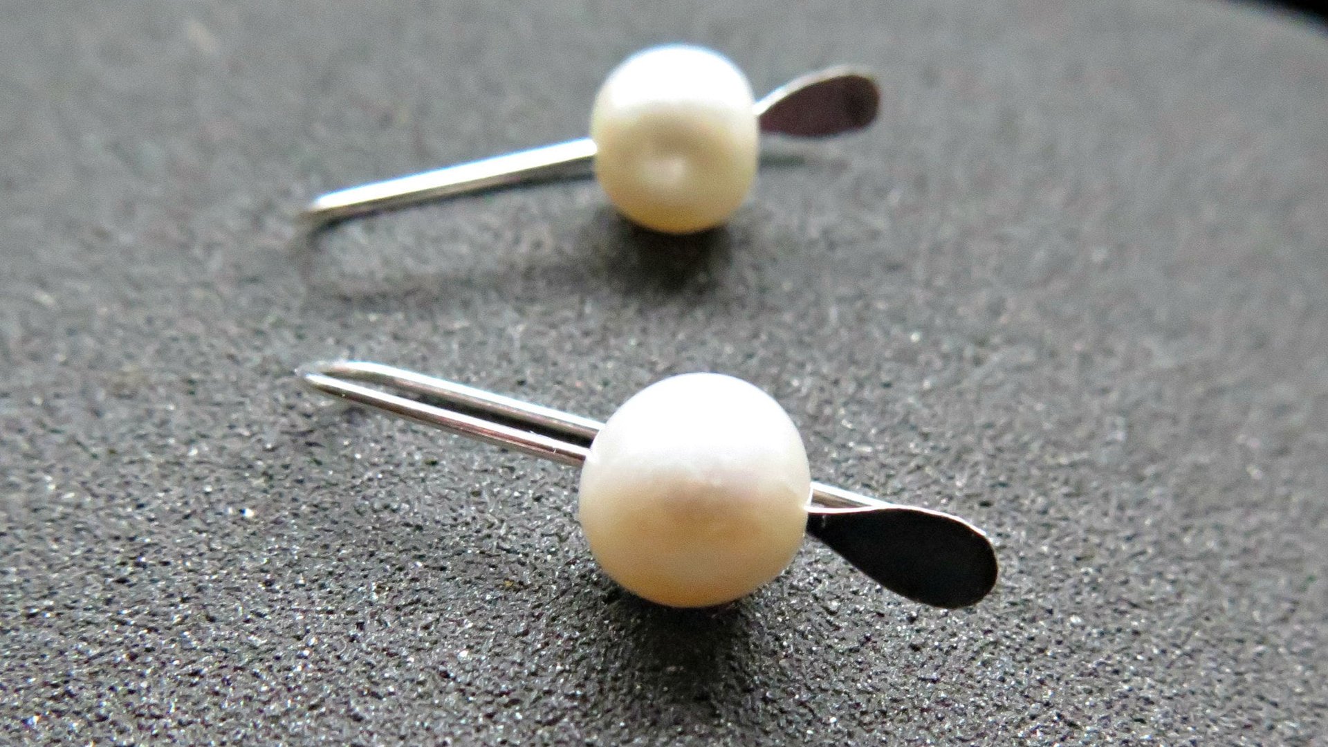small white pearl drop earrings. freshwater pearl silver jewelry. simple pearl jewellery. 7mm pearls. made in Canada