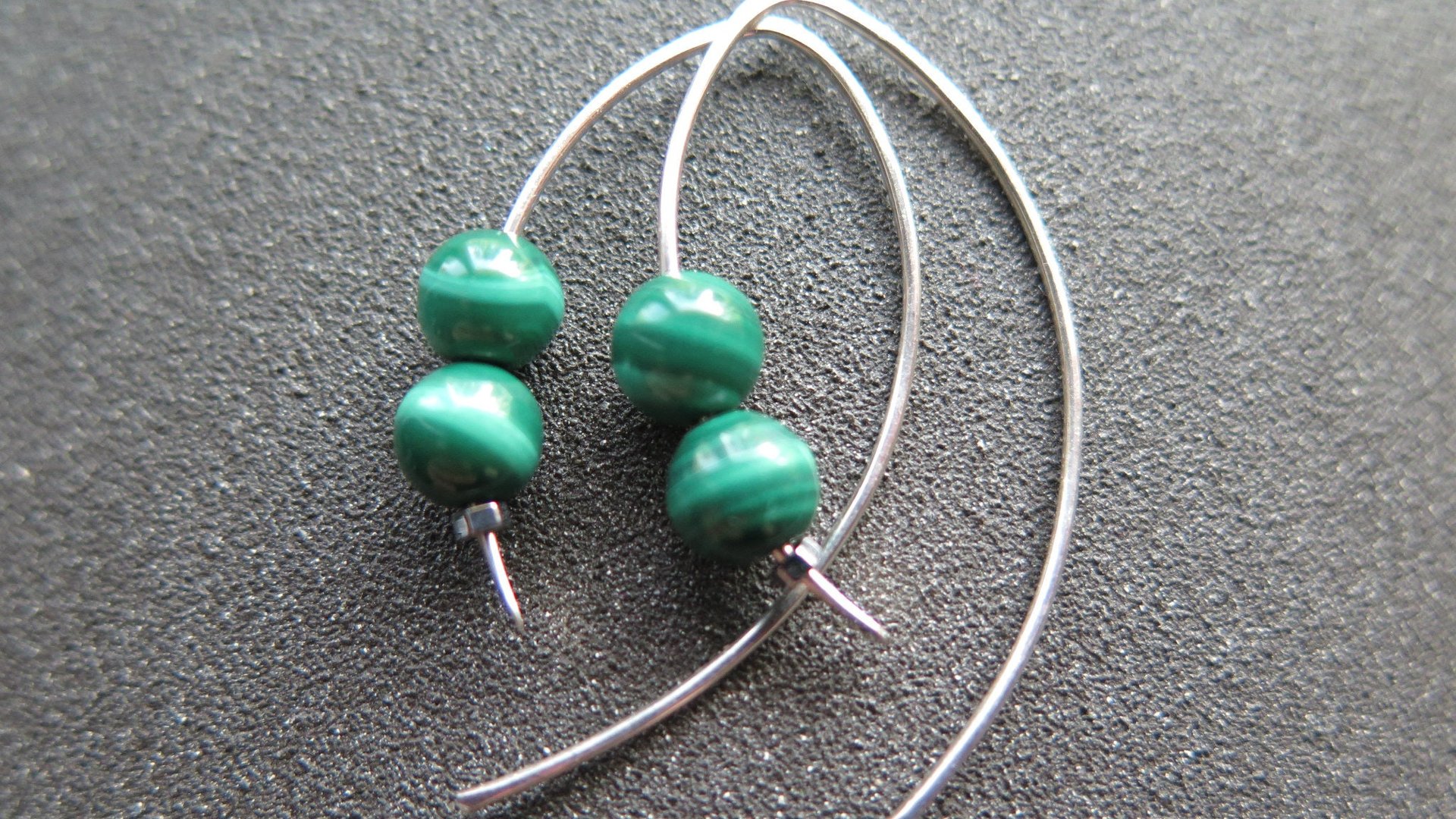 emerald green malachite earrings. modern stone jewelry. sterling silver threader hoops.