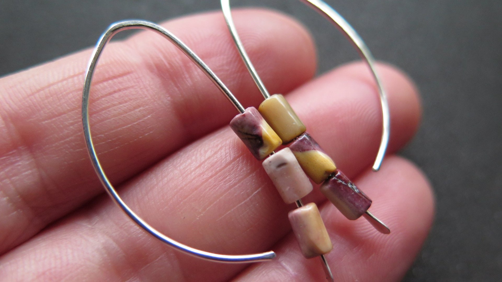 yellow and red earrings. natural mookaite jasper jewelry. modern stone earrings with sterling silver hooks.