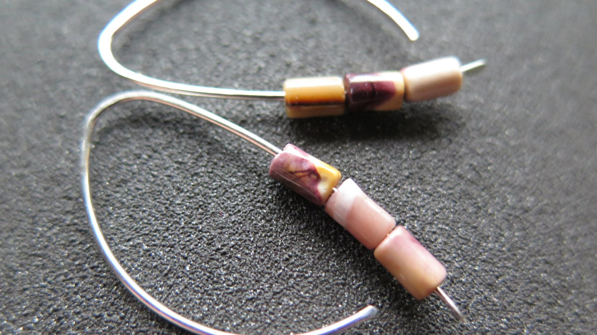 yellow and red earrings. natural mookaite jasper jewelry. modern stone earrings with sterling silver hooks.