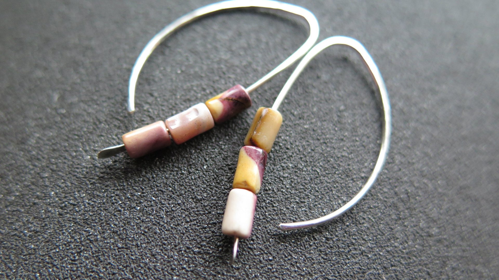 yellow and red earrings. natural mookaite jasper jewelry. modern stone earrings with sterling silver hooks.