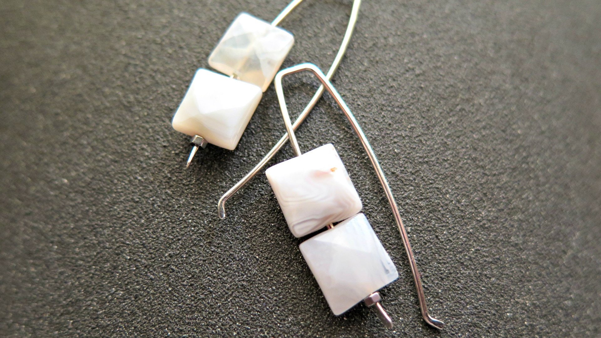 white agate earrings. square stone earrings. contemporary silver jewellery. splurge.