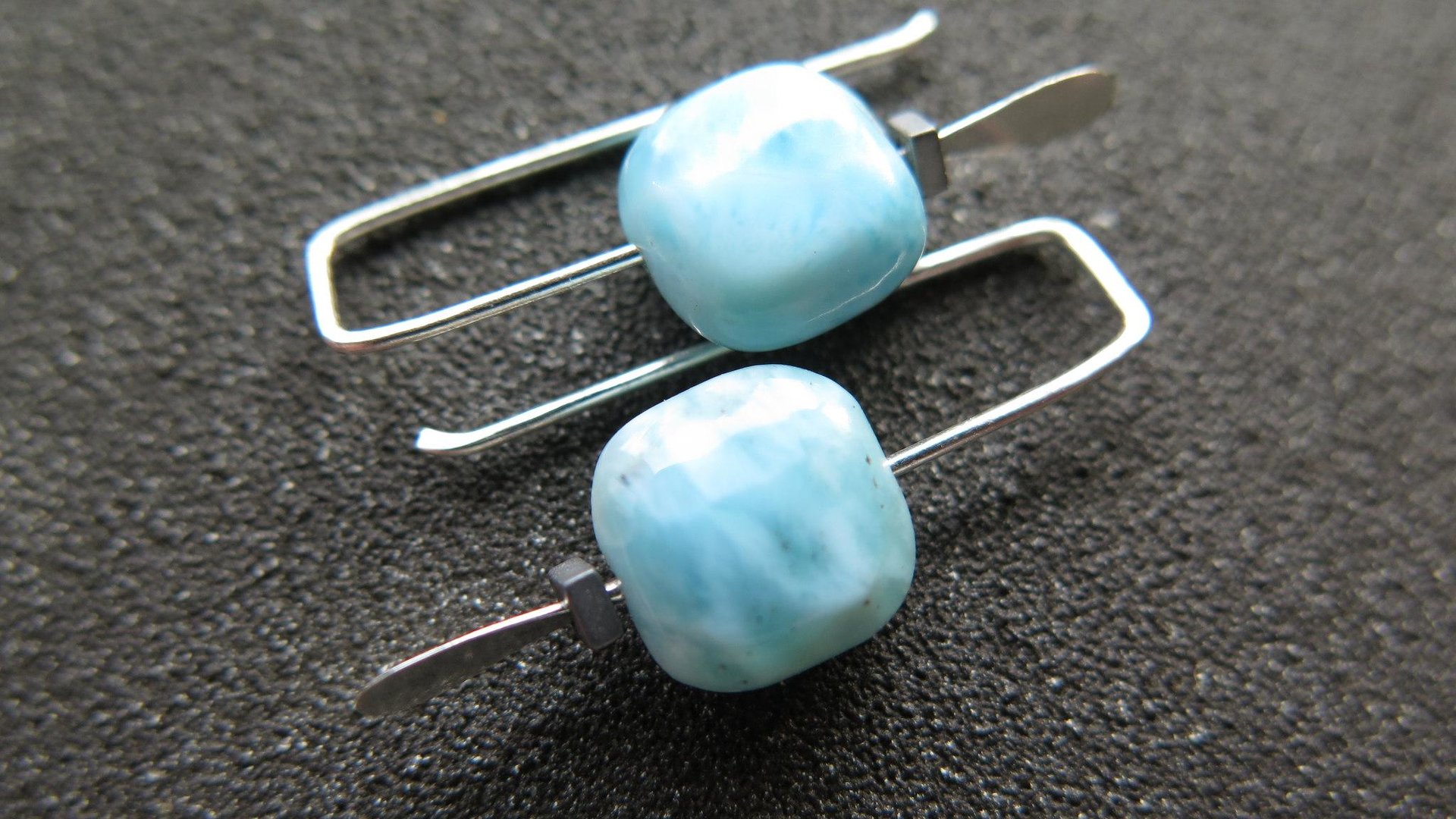 natural larimar earrings. small blue stone earrings. handmade in Calgary by splurge