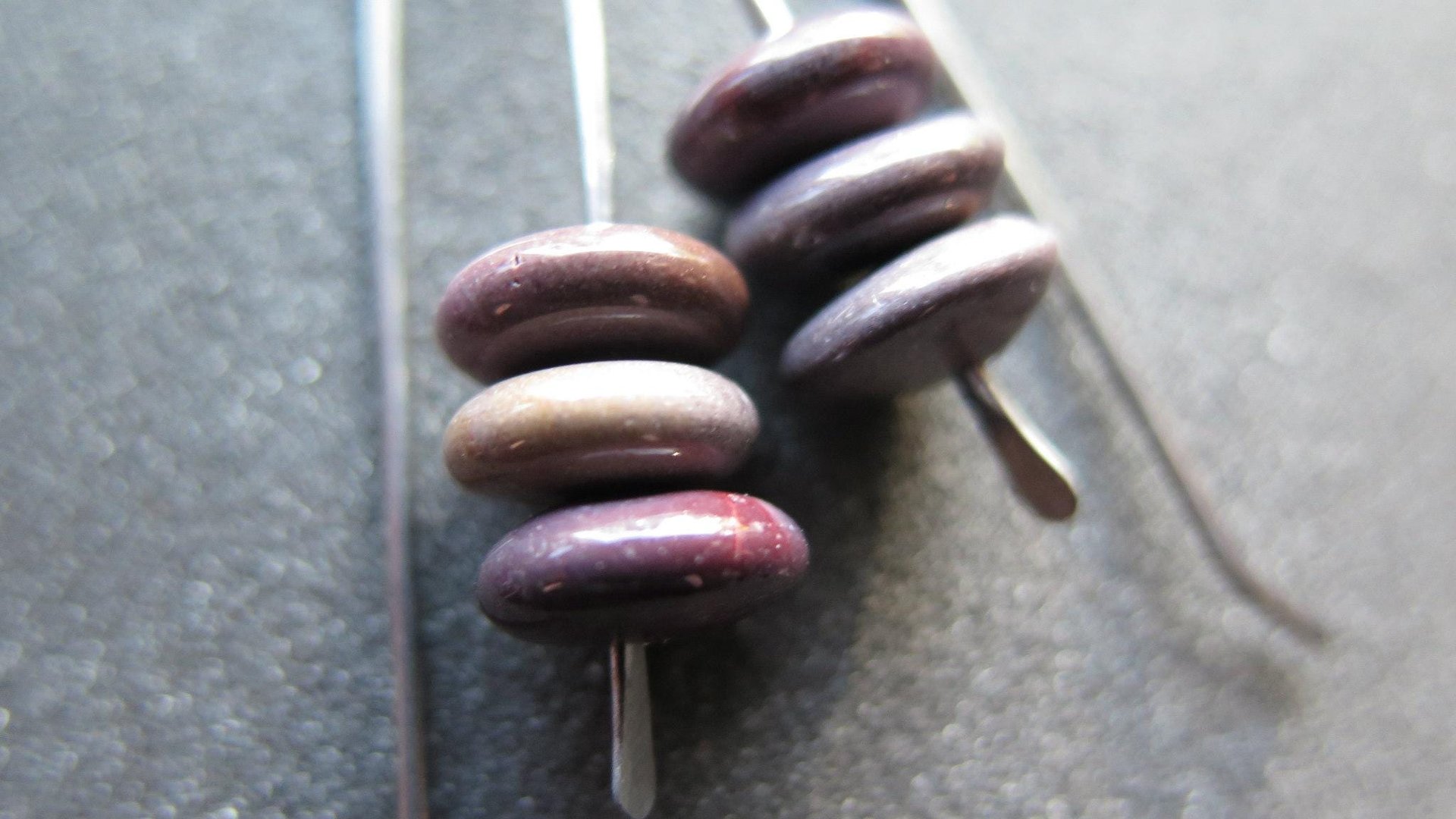 plum jasper earrings in grey niobium wire. contemporary stone jewelry. Canadian jewellery.