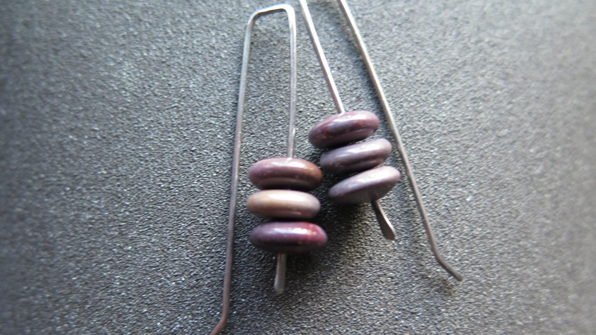 plum jasper earrings in grey niobium wire. contemporary stone jewelry. Canadian jewellery.