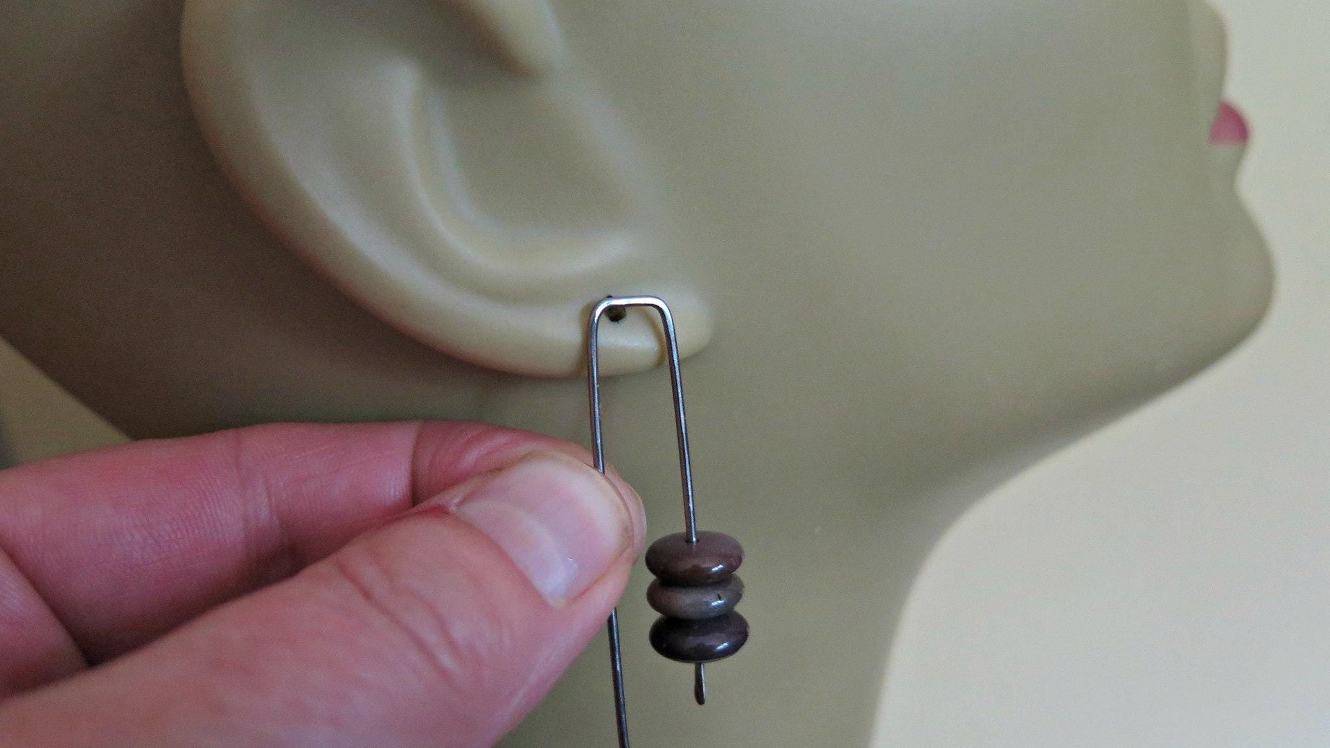 plum jasper earrings in grey niobium wire. contemporary stone jewelry. Canadian jewellery.