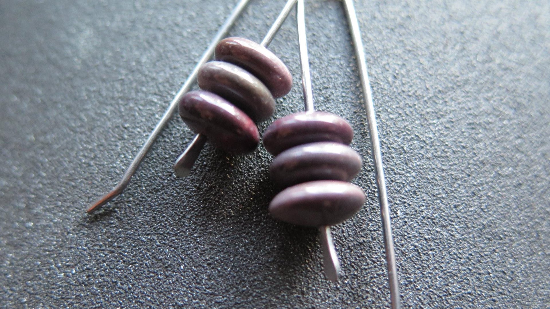 plum jasper earrings in grey niobium wire. contemporary stone jewelry. Canadian jewellery.