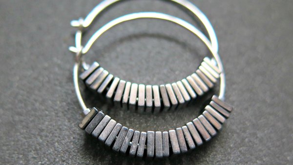 sterling silver hoop earrings. hematite jewelry. square stones.