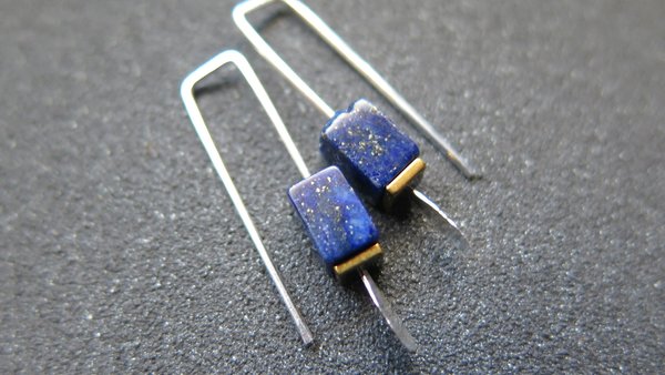 small lapis lazuli earrings. navy blue and gold hematite jewelry. rectangle earrings. made in Calgary