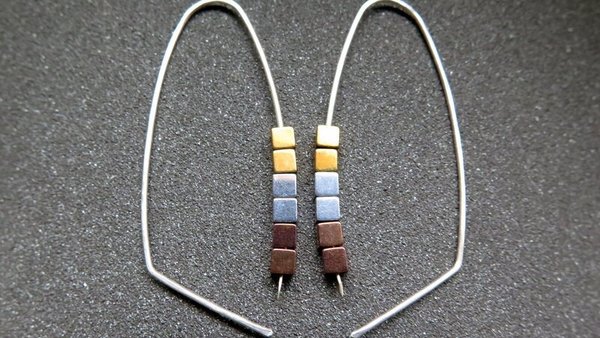 gold, silver and copper earrings. modern cube hematite hoops. metallic jewelry.