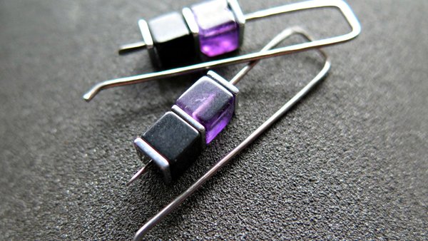 amethyst and black onyx earrings with hematite. hypoallergenic niobium for sensitive ears. modern cube jewelry.