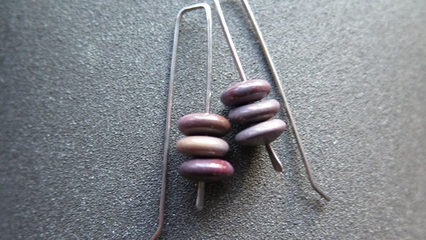 plum jasper earrings in grey niobium wire. contemporary stone jewelry. Canadian jewellery.