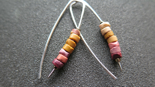 unique mookaite jasper earrings. modern stone jewelry in hammered sterling silver. made in Alberta Canada